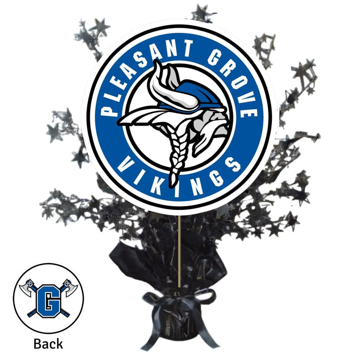 Blue and white Viking mascot logo centerpiece spray with black stars and a black bow base, standing 14 inches tall.