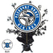 Blue and white Viking mascot logo centerpiece spray with black stars and a black bow base, standing 14 inches tall.