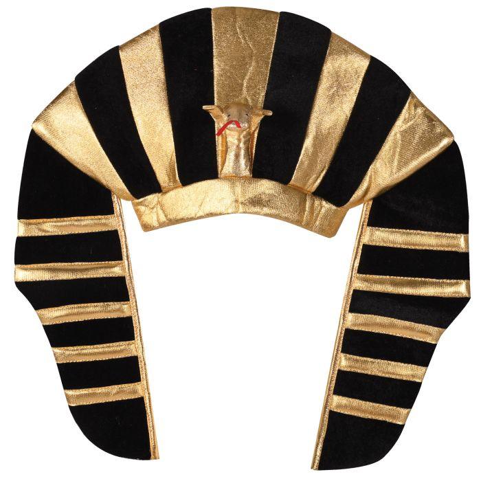 Gold and black striped plush pharaoh headdress with a small decorative cobra ornament at the center front.