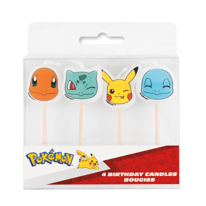 Set of four Pokemon character birthday candles featuring Charmander, Bulbasaur, Pikachu, and Squirtle faces on wooden sticks in original packaging.