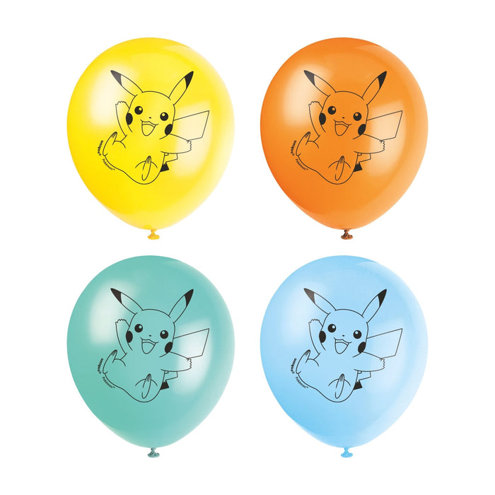 Four latex balloons in yellow, orange, teal, and blue, each printed with a cheerful Pikachu design and featuring small tied knots at the base.