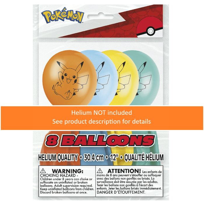 Package of 8 Pikachu latex balloons in orange, light blue, yellow, and mint green, each 12 inches with printed Pikachu design.