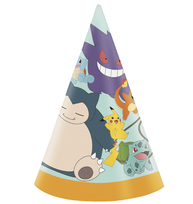 Cone-shaped party hat featuring Pokemon characters including Snorlax, Gengar, Pikachu, Charmander, and Bulbasaur on a light blue background with a gold brim.