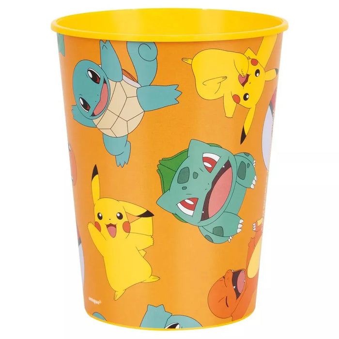 Yellow and orange plastic cup featuring Pikachu and other Pokemon characters printed on the exterior.