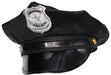 Black police officer hat with "Special Police" badge patch and glossy patent leather brim with brass accents.