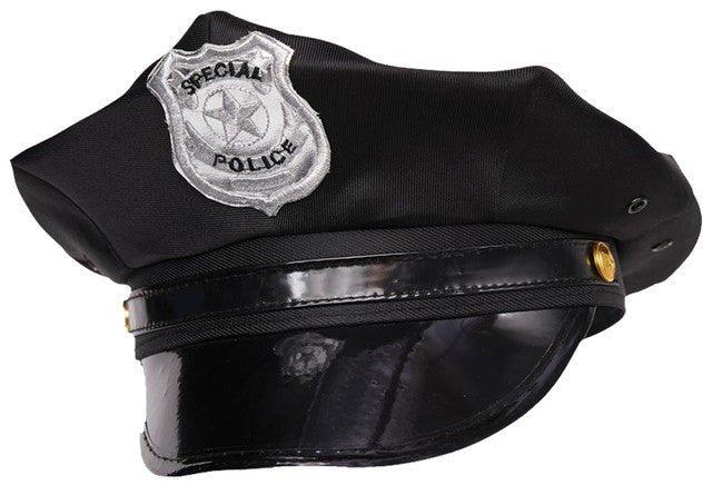 Black police officer hat with "Special Police" badge patch and glossy patent leather brim with brass accents.