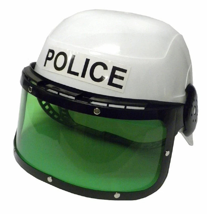 White police helmet with "POLICE" text on front and attached green protective face shield with black frame and side guards.