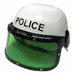 White police helmet with "POLICE" text on front and attached green protective face shield with black frame and side guards.