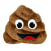 Brown plush pillow shaped like a smiling poop emoji with large white eyes, black pupils, and a wide grinning mouth with a black upper lip and red lower lip.