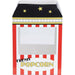 Red and white striped popcorn machine centerpiece with black roof, gold stars, film strip band detail, and "Fresh Popcorn" label on front window display.