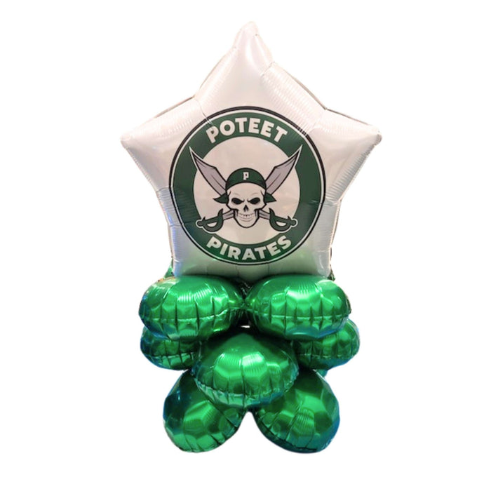 White star-shaped foil balloon with green circular Poteet Pirates logo featuring a skull and crossed swords, attached to a cluster of five green metallic round balloons below.