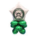 White star-shaped foil balloon with green circular Poteet Pirates logo featuring a skull and crossed swords, attached to a cluster of five green metallic round balloons below.