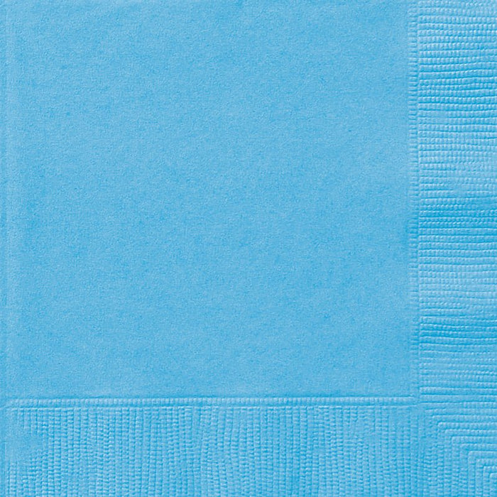 Bright powder blue paper napkins with a textured waffle weave pattern shown from above.
