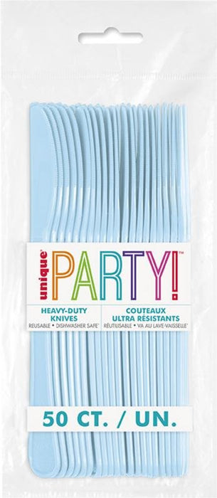 Package of 50 heavy-duty powder blue plastic knives with colorful "Party!" branding and bilingual labeling for reusable dishwasher-safe utensils.