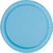 Light blue paper plate with ridged edges and a slightly raised rim, shown from above on a white background.