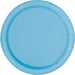 Light blue disposable paper plate with a ribbed rim and smooth center surface, shown from above.