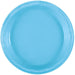 Powder blue plastic disposable plate with a ridged rim, shown from above against a white background.