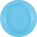 Powder blue plastic disposable plate with a ribbed rim design, shown from above against a white background.