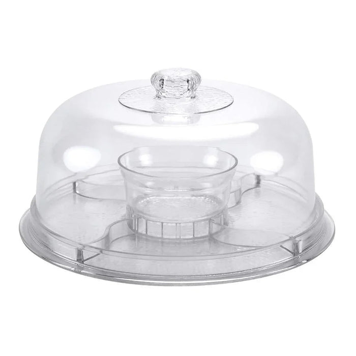 Clear plastic dome cover with a central glass bowl server and circular base platform, designed for serving food at catering events.