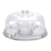 Clear plastic dome cover with a central glass bowl server and circular base platform, designed for serving food at catering events.