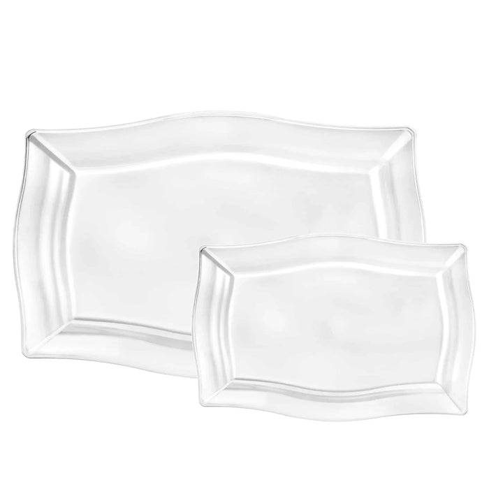 Two clear plastic serving trays in different sizes with curved wavy edges and raised rims, displayed against a white background.