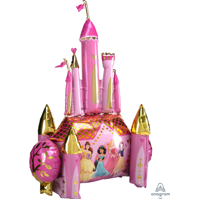 Pink foil castle balloon with gold accents, featuring Disney Princesses, multiple turrets with pointed gold roofs, and decorative flags.