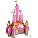 Pink foil castle balloon with gold accents, featuring Disney Princesses, multiple turrets with pointed gold roofs, and decorative flags.