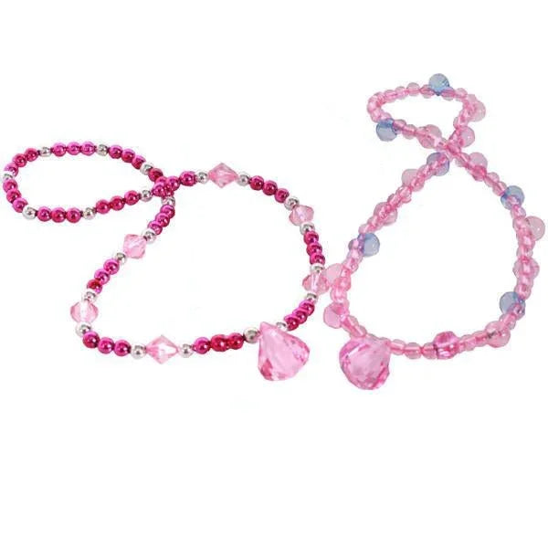 Two pink beaded necklaces with faceted crystal accents and teardrop-shaped pendants, arranged on a white background.