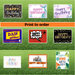 Nine colorful birthday yard sign designs displayed on green grass, including styles with mermaid tail, flowers, dad theme, spider web, motorcycle, dinosaur, and confetti motifs, all featuring "Happy Birthday" text.