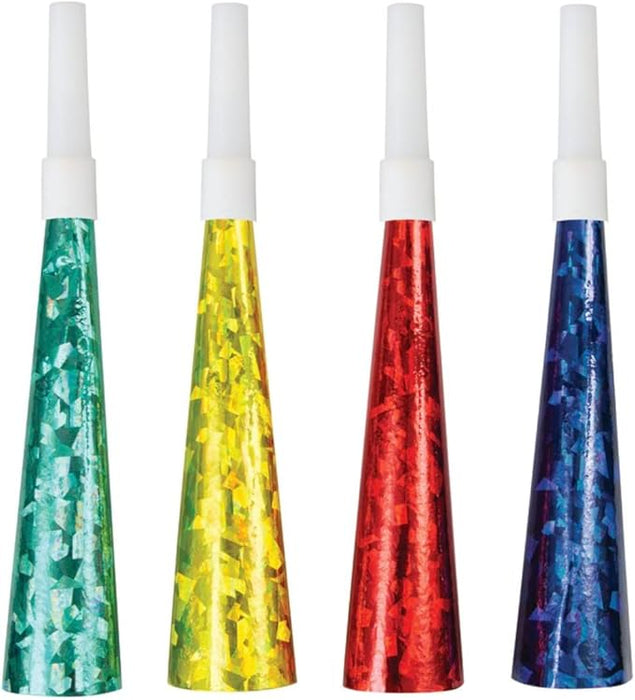 Four metallic cone-shaped party horns with white mouthpieces in green, yellow, red, and blue holographic finishes.