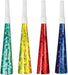 Four metallic cone-shaped party horns with white mouthpieces in green, yellow, red, and blue holographic finishes.