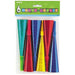 Six colorful glittery party horns in turquoise, red, dark blue, yellow, and red shades arranged in a clear plastic package with green header label.