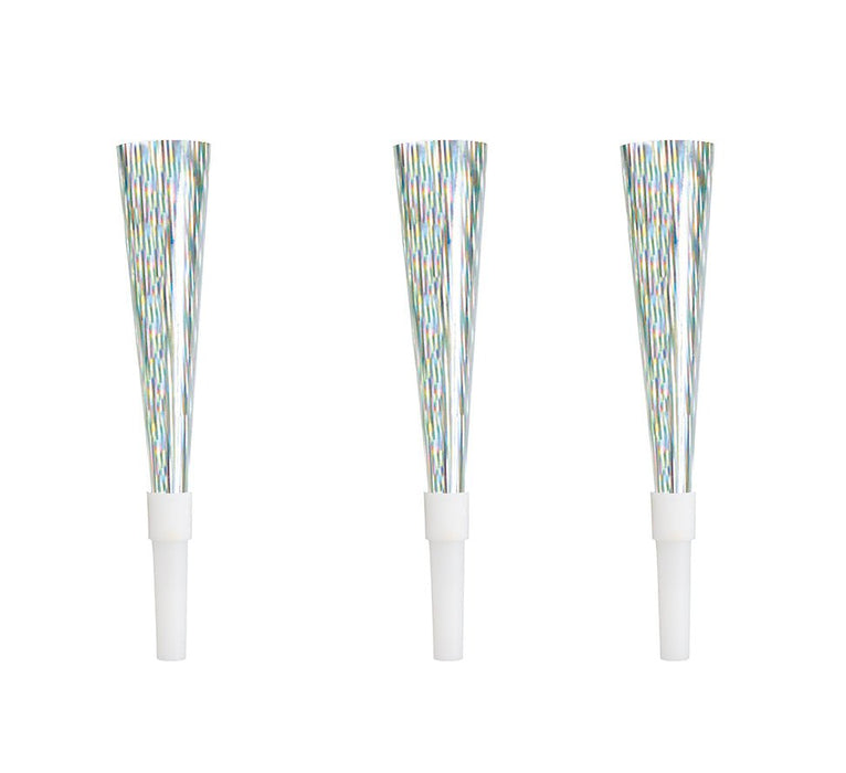 Three iridescent cone-shaped party horns with white cardboard bases and shimmering multicolored foil tops arranged vertically against a white background.