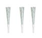 Three iridescent cone-shaped party horns with white cardboard bases and shimmering multicolored foil tops arranged vertically against a white background.
