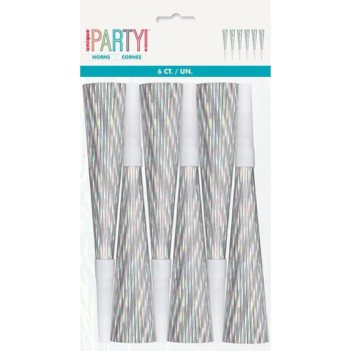 Six silver iridescent cone-shaped party horns with white mouthpieces displayed on packaging labeled "Party Horns Cornes 6 CT/UN.