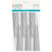 Six silver iridescent cone-shaped party horns with white mouthpieces displayed on packaging labeled "Party Horns Cornes 6 CT/UN.