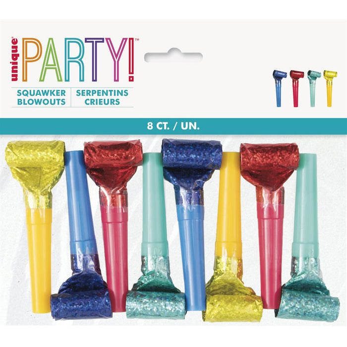 Eight colorful squawker blowouts with sequined tops in blue, red, green, and yellow arranged in a row on white packaging.