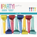 Eight colorful squawker blowouts with sequined tops in blue, red, green, and yellow arranged in a row on white packaging.