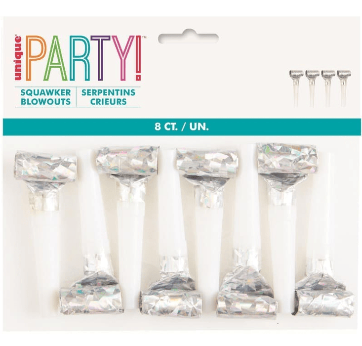 Eight prismatic silver and white party blowouts with rolled paper tubes and metallic foil tops arranged in a row on packaging labeled "unique PARTY! SQUAWKER BLOWOUTS.