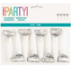 Eight prismatic silver and white party blowouts with rolled paper tubes and metallic foil tops arranged in a row on packaging labeled "unique PARTY! SQUAWKER BLOWOUTS.