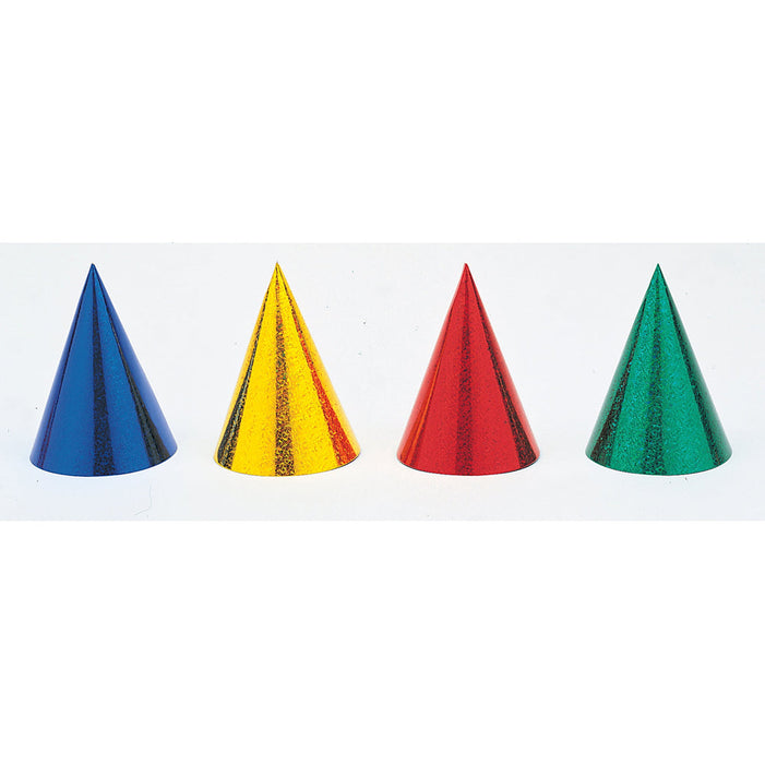 Assorted prismatic cone party hats shown in metallic blue, gold, red, and green on a white background.
