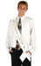 White satin sash with gold "Prom King" text and decorative dove design, worn diagonally across white dress shirt and patterned tie.