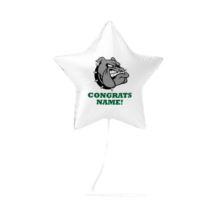 White star-shaped balloon with bulldog logo and 'Congrats NAME!' text on a white background