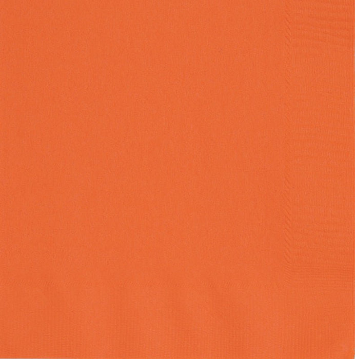 Pack of 100 pumpkin orange beverage napkins with a solid bright orange color and textured surface.