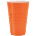 Bright orange plastic cup with ridged sides and clear rim, holding 16 ounces.