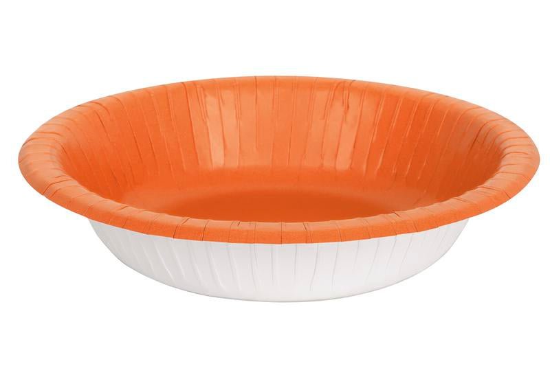 Orange and white disposable paper bowl with ridged sides and a wide rim, designed for serving food at casual meals or parties.