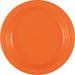 Bright orange plastic dinner plate with a ridged rim, shown from above against a white background.