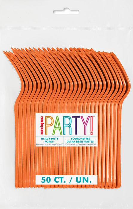 Pack of 50 heavy-duty pumpkin orange plastic forks with colorful "Party" branding label displayed on white packaging.