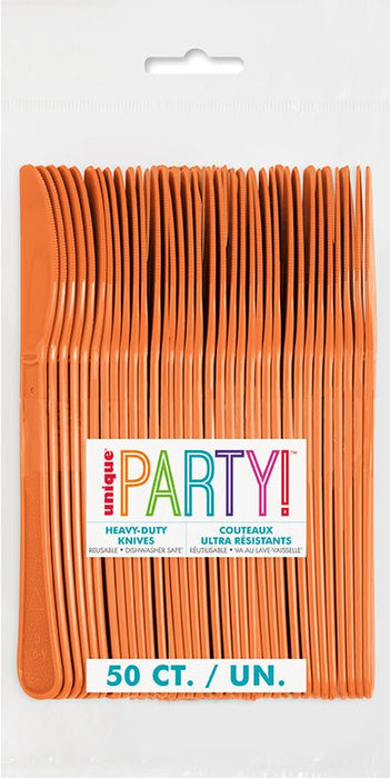 A package of 50 pumpkin orange plastic knives with a colorful "Party!" label visible on the front and "50 CT." printed at the bottom.