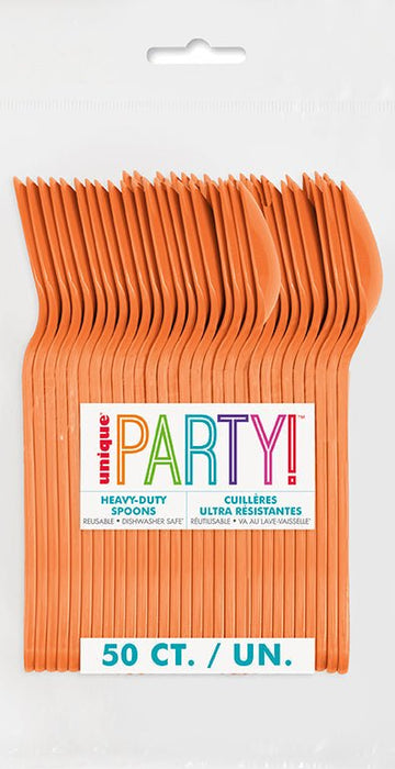 Package of 50 bright orange heavy-duty spoons with "Party!" branding and bilingual text on white label, displayed fanned out to show quantity.